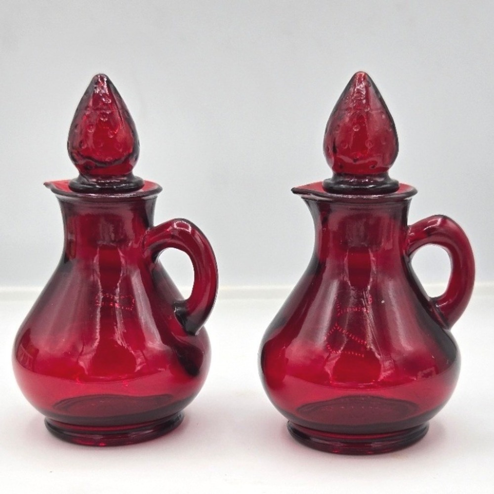 Vintage Avon Cape Cod Ruby Red Glass Cruet Set Vinegar Oil Decanters Pair